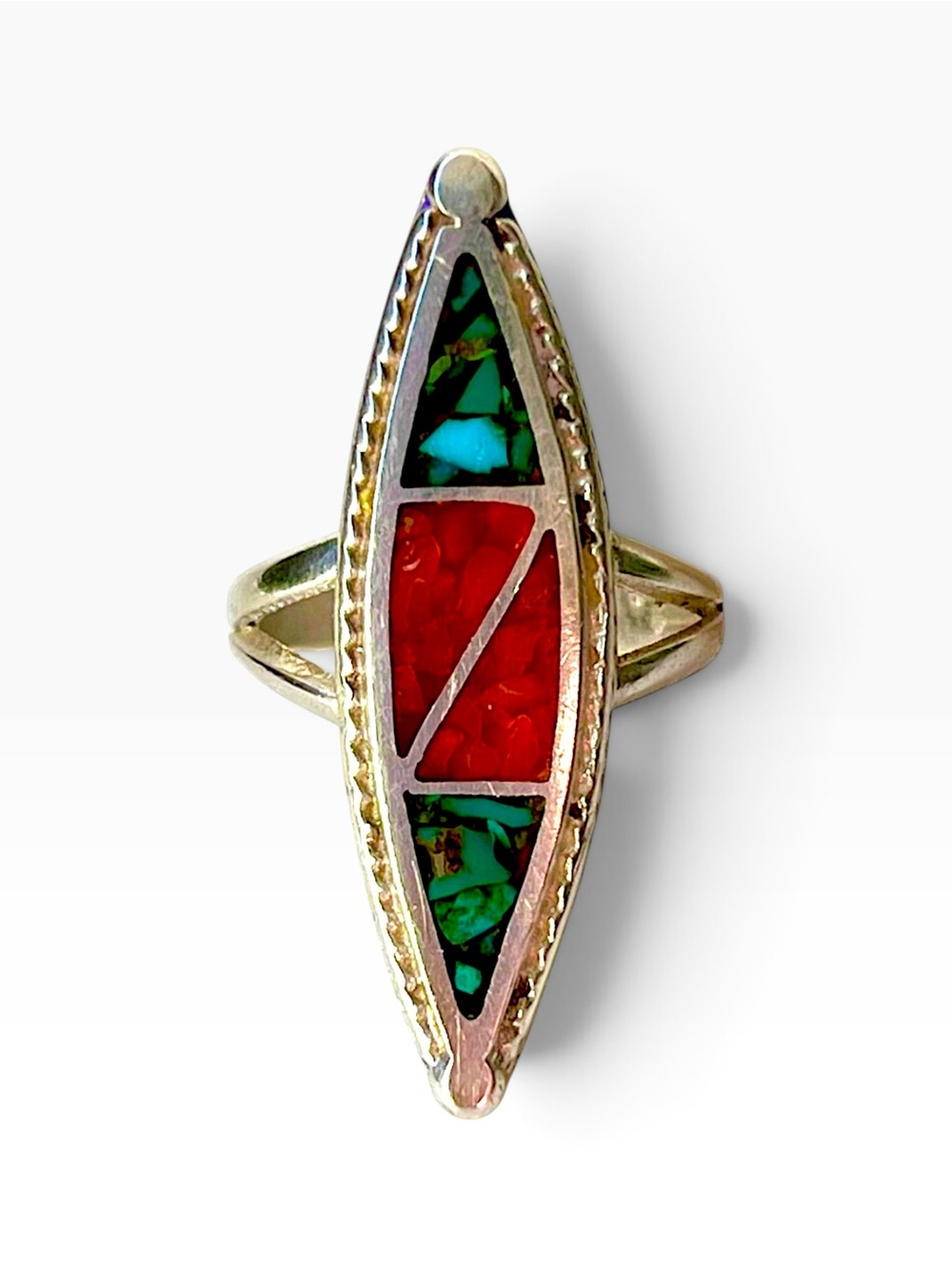 Vintage Mid Century Sterling Silver Turquoise Spiny Coral Ring Size 7